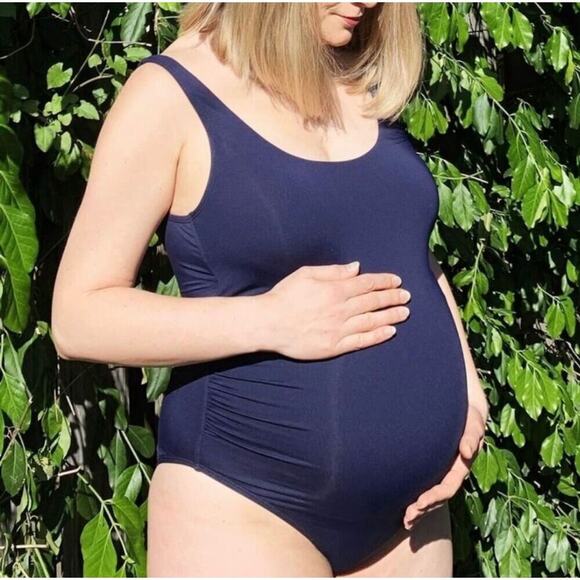 Andie Swim The Ibiza Maternity Scoop Back One Piece Swimsuit Navy Large NEW!! - Picture 1 of 6